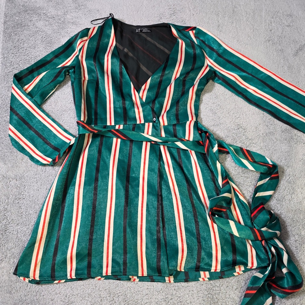 Zara Womens XS Romper Green Striped Satin Wrap Skort Long Sleeve V-Neck 1636